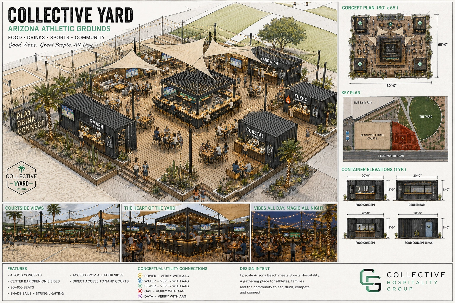 Collective Beach · concept study with gathering spaces and site layout