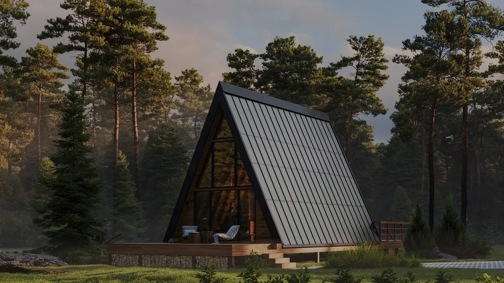 A-frame cabin with integrated solar roofing, a material reference from Ibex’s existing site