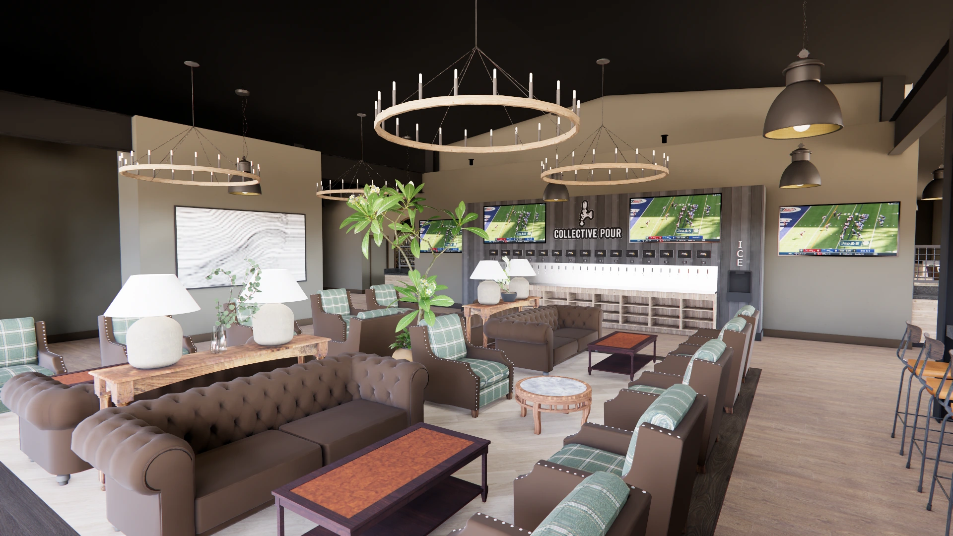 Union Collective · lounge seating and bar · concept rendering